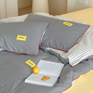 Gray Double-Sided Striped Cotton Duvet Cover Set   Bed Cover  All Seasons