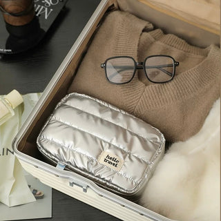 Metallic Color Rectangular Cosmetic Storage Puff Pouch  Silver Travel Pouch