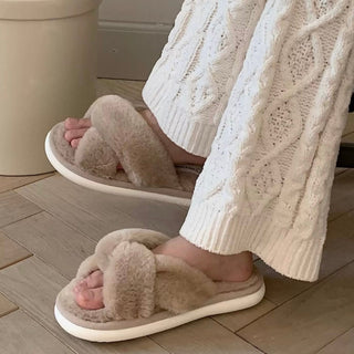 Cross Faux Fur Fluffy Room Shoes  Indoor Slippers
