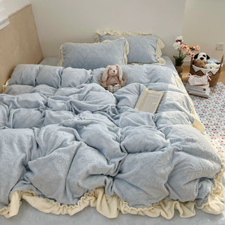 Blue Ribbon Bouquet Pattern Milk Velvet Winter Thick Duvet Cover Set