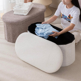 Folding Oval Boucle Storage Stool  Ottoman Bench Stool Storage Storage Box