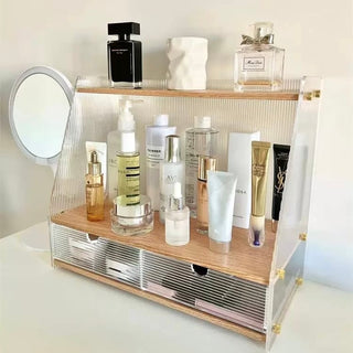 Clear x Wood Grain Cosmetic Storage Rack with Drawers