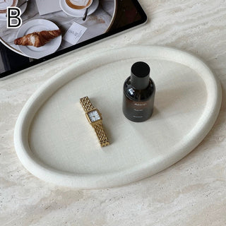 PU Leather Round Oval Simple Accessory Tray  Ivory Beige