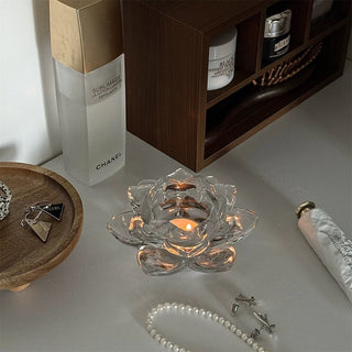 Lotus flower motif clear glass candle holder stand
