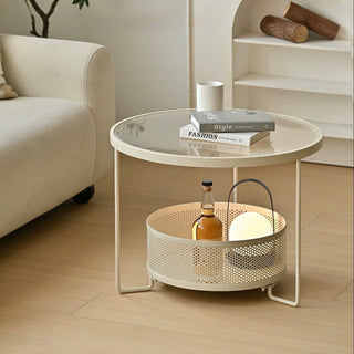 Iron Glass Round Side Table  Low Table with Storage
