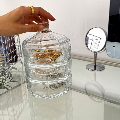 Clear glass lidded three-tier storage tray for small items