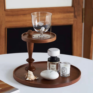 Natural Wood Movable Two-Tier Round Tray Storage
