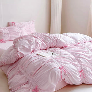 Color Gathered Romantic Ribbon Duvet Cover Set  All Seasons
