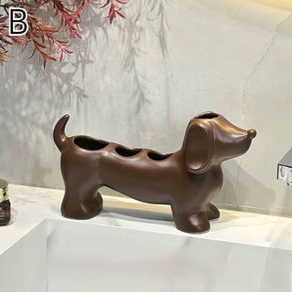 Dachshund motif ceramic toothbrush holder dog-themed storage bathroom sink.