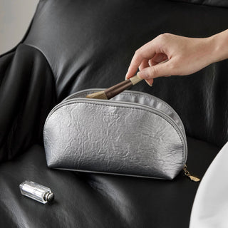Simple Leather Half-Moon Shaped Cosmetic Storage Pouch  Silver Small