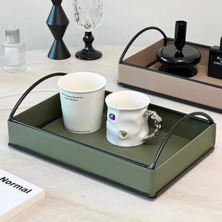 Iron Handle Leather Rectangular Tray  Storage