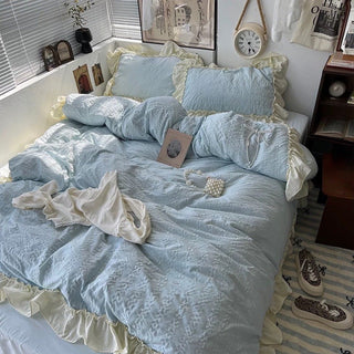 Frill Washed Cotton Duvet Cover Set  Blue Bed Cover