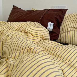 Yellow Brown Pin Stripe Cotton Duvet Cover Set 2 Sizes  All Seasons
