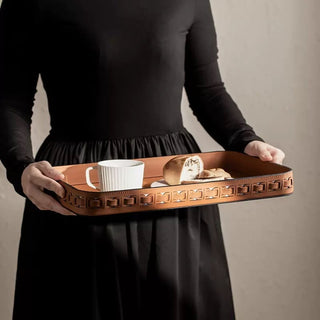 Braided Geometric Pattern Leather Rectangular Large Tray  Storage Cafe Tray