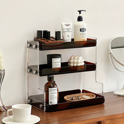 Clear Brown Acrylic Three-Tier Storage Display Rack for Cosmetics and Perfumes