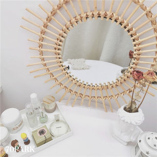 Flower & Sun Motif Rattan Mirror