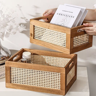 Wood Bamboo Storage Basket Set of 2 in