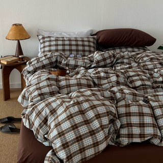 Brown Sheets Checkered Pattern Cotton Duvet Cover Set  All Seasons