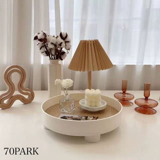 Wood grain print round accessory trayin  small item holder.