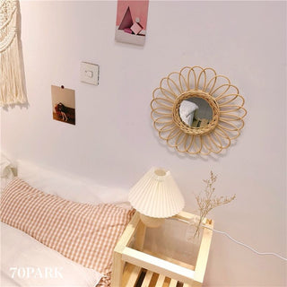 Flower & Sun Motif Rattan Mirror