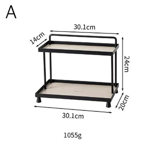 Top handle included. Iron and leather black frame storage tray two-tiered rack. Display rack.