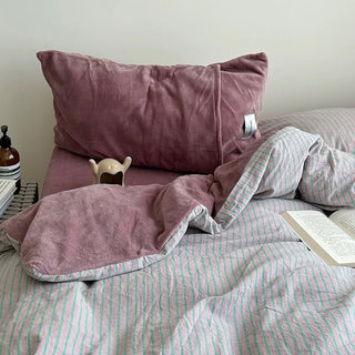 PinkPurple Pin Stripe Cotton Fleece Winter Duvet Cover Set