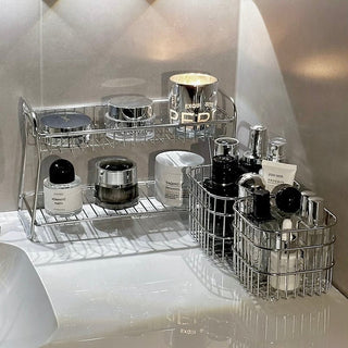Stainless steel silver two-tier cosmetic storage multi-rack bathroom vanity perfume storage