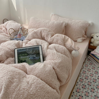 Pink Pom-Pom Milk Velvet Winter Thick Duvet Cover Set