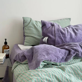 Green Purple Pin Stripe Cotton Fleece Winter Duvet Cover Set