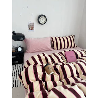 Pink Brown Wide Stripe Winter Duvet Cover Set