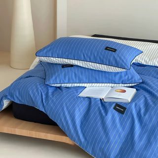Blue Double-Sided Stripe Cotton Duvet Cover Set   Bed Cover  All Seasons