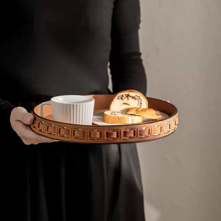 Braided Geometric Pattern Leather Round Tray  Storage