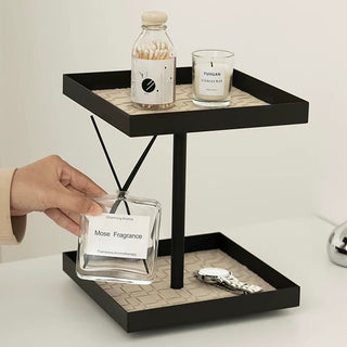 360 Degree Rotating Iron Braided Leather Square Two-Tier Tray  Storage Rack