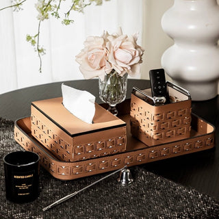 Piece Set: Braided Geometric Pattern Leather Tray Tissue Box Small Item Holder  Storage Brush Stand