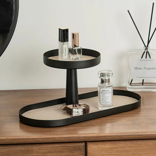 Iron Leather Oval Round Two-Tier Tray  Storage Rack Cosmetic Storage