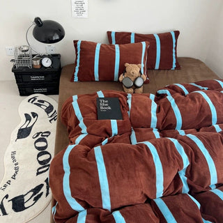 Brown Blue Wide Stripe Winter Duvet Cover Set