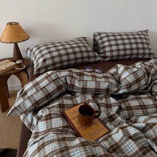 Brown Sheets Checkered Pattern Cotton Duvet Cover Set  All Seasons