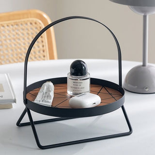 Single-tier round tray with handlein  storage rack