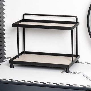 Top handle included. Iron and leather black frame storage tray two-tiered rack. Display rack.