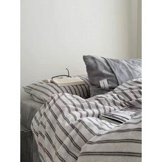 Gray Double Stripe Milk Velvet Winter Duvet Cover Set