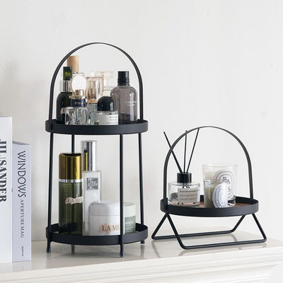 Single-tier round tray with handlein  storage rack