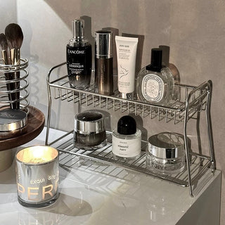 Stainless steel silver two-tier cosmetic storage multi-rack bathroom vanity perfume storage