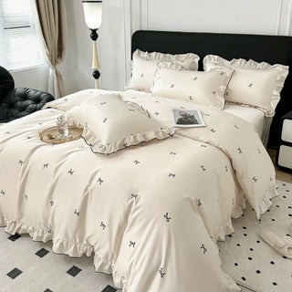 Cooling Ribbon Pattern Frill Ivory Duvet Cover Set Bed Cover Cool Touch