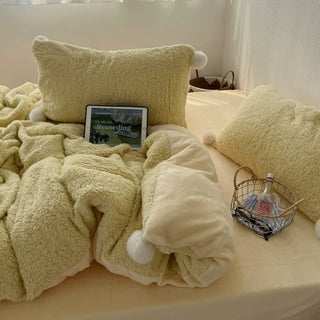 Yellow Pom-Pom Milk Velvet Winter Thick Duvet Cover Set