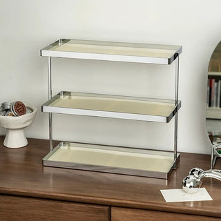 Silver Frame Rectangular Three-Tier Storage Display Rack   Includes Trays for Cosmetics and Perfume Storage