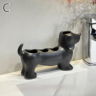 Dachshund motif ceramic toothbrush holder dog-themed storage bathroom sink.