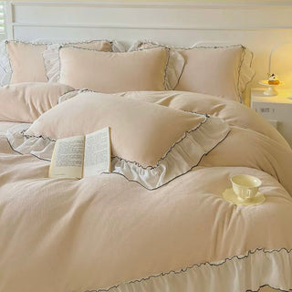 Frill Lace Milk Velvet Winter Duvet Cover Set Beige Bed Cover Bedding Cover