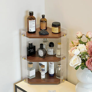 Clear Acrylic Wood Grain Finish Three-Tier Storage Corner Rack   Perfect for Cosmetics and Perfumes