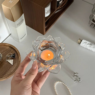 Lotus flower motif clear glass candle holder stand