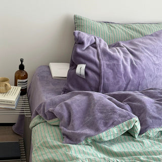 Green Purple Pin Stripe Cotton Fleece Winter Duvet Cover Set